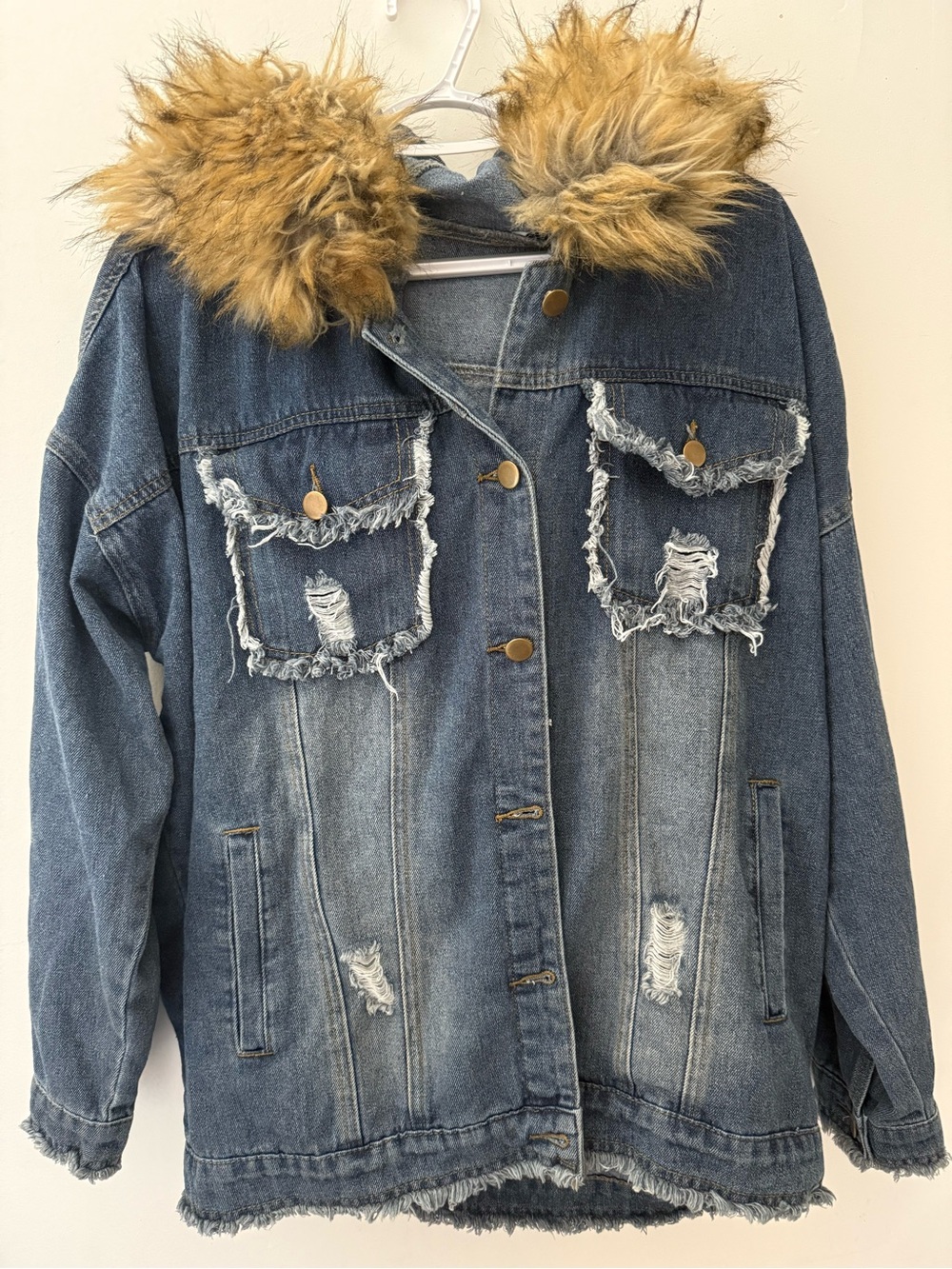 DAVI & DANI Distressed Blue Denim Jacket with Faux-Fur Hood